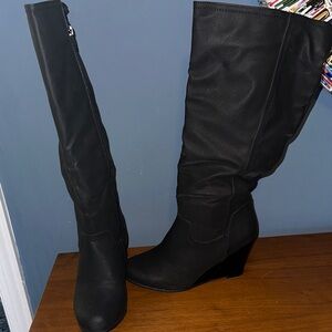 Wide calf faux leather knee high boots, wedge heel